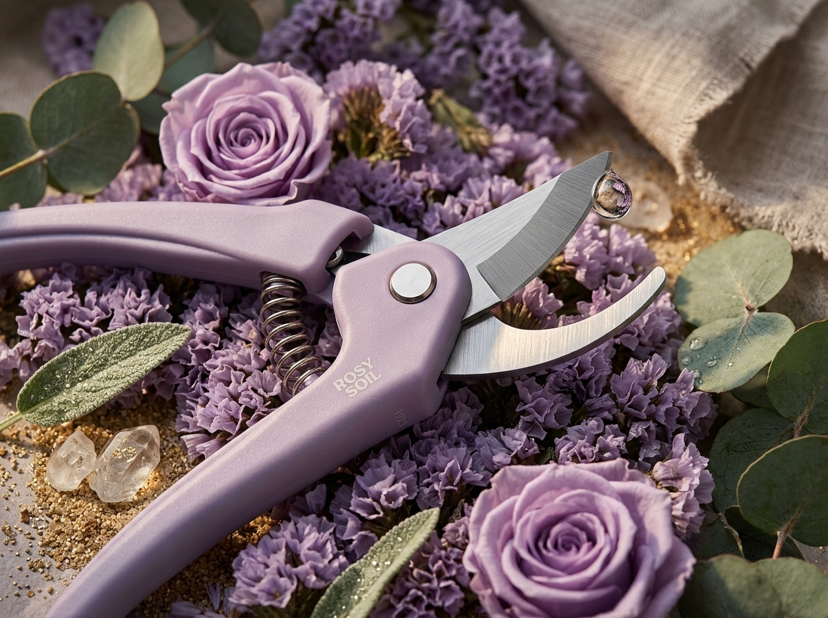 Happy gardener using BigThreeDollar pruning shears in a lush garden